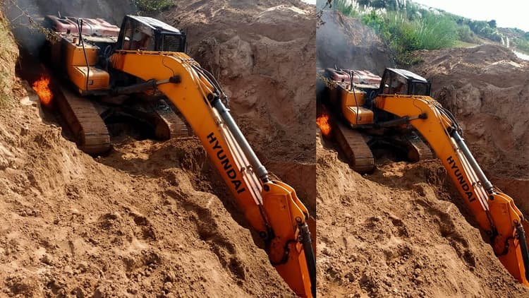 अवैध बालू खनन पर कमीश्न नहीं मिलने पर भड़के दबंग, आधा दर्जन पोकलेन में लगायी आग