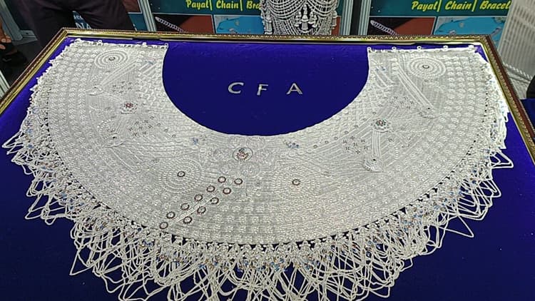Agra news : ज्वेलरी प्रदर्शनी में सभी को अपनी ओर खींच रही 12 किलो चांदी से बनी पायल और 7 किलो की करधनी