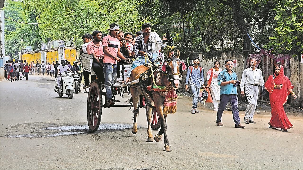 PHOTOS: पटना में ऑटो की जगह दौड़ते रहे टमटम, सिर पर सामान लेकर पैदल चलते लोगों का देखिए हाल..