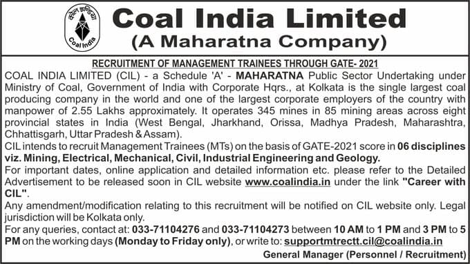 Coal India Recruitment 2021 : Coal India में इन पदों पर होगी अफसरों की बहाली, ऐसे करें आवेदन