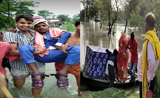 Bihar Flood Effect: गोद में दूल्हा तो नाव पर विदा हुई दूल्हन, बिहार के गांवों में विवाह के लिए आफत बनी बाढ़