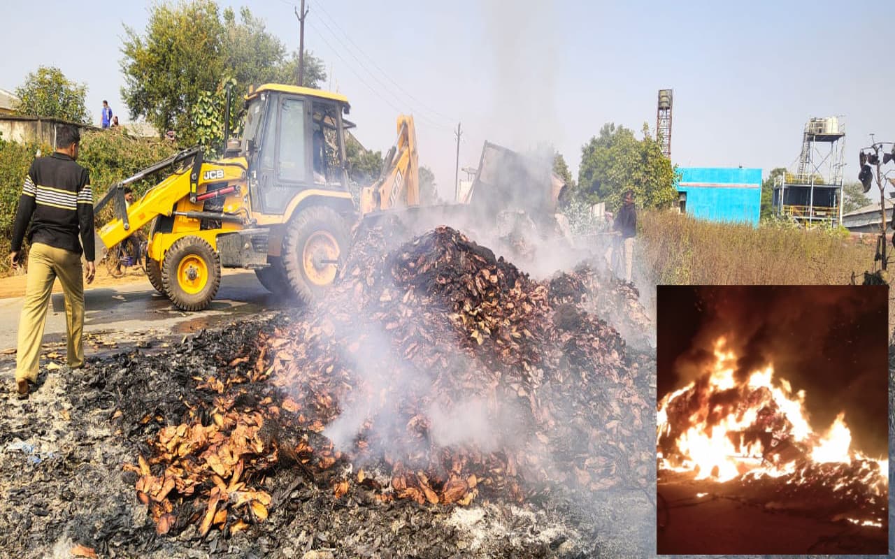 देवघर के मधुपुर में हाईटेंशन तार की चपेट में आने से ट्रक सहित लाखों का बीड़ी पत्ता जलकर राख