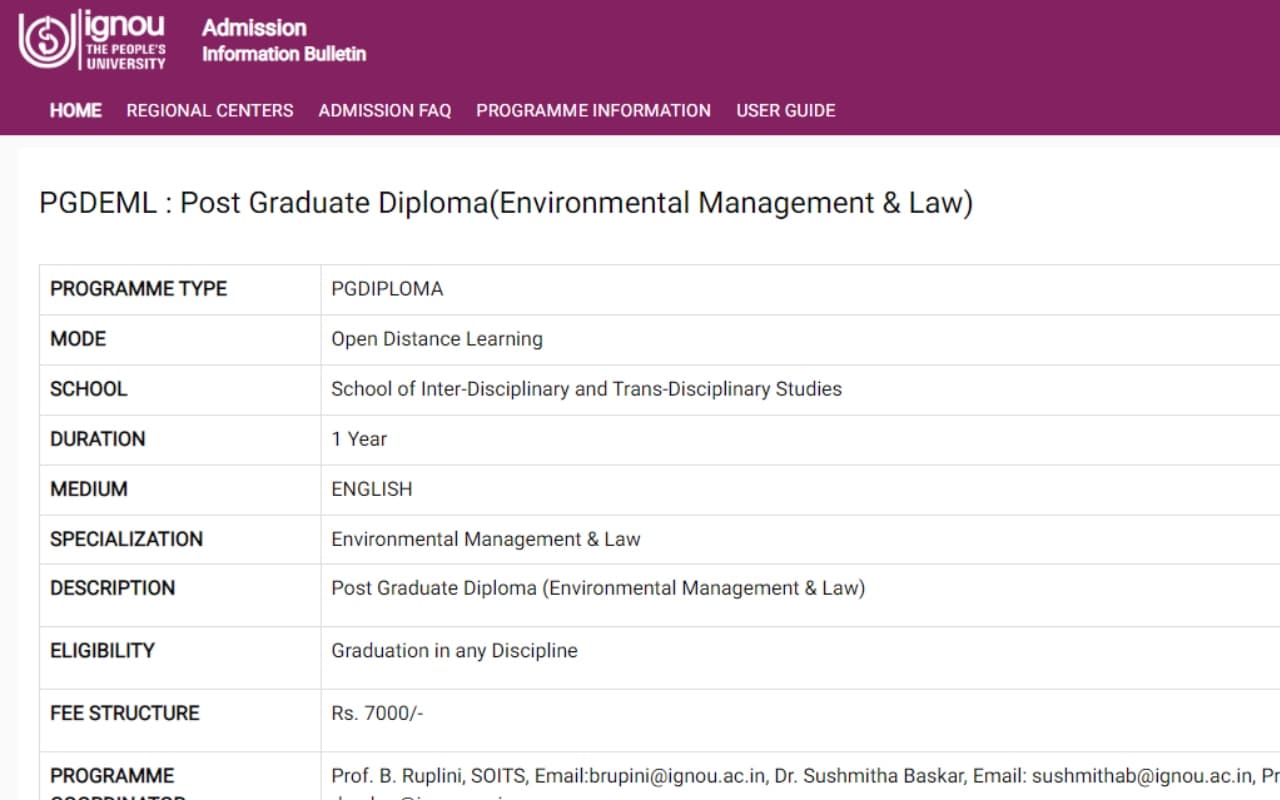 अब IGNOU से करें एनवायरनमेंट मैनेजमेंट एंड लॉ में पीजी डिप्लोमा कोर्स, आवेदन करने के लिए डायरेक्ट लिंक, डिटेल