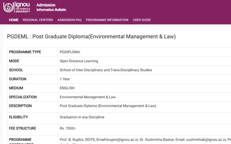 अब IGNOU से करें एनवायरनमेंट मैनेजमेंट एंड लॉ में पीजी डिप्लोमा कोर्स, आवेदन करने के लिए डायरेक्ट लिंक, डिटेल