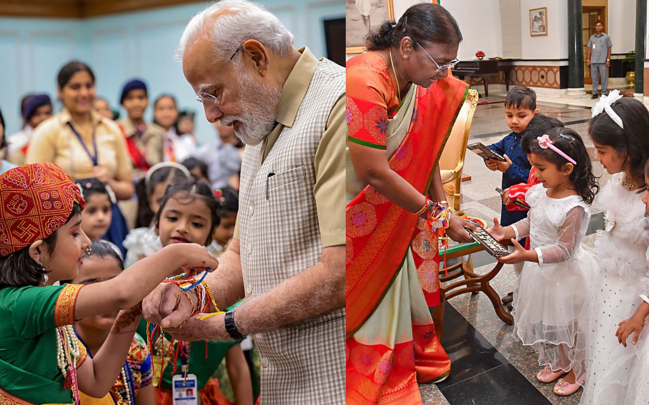 PHOTOS: नन्हीं बच्चियों ने पीएम मोदी और राष्ट्रपति द्रौपदी मुर्मू को बांधी रक्षा की डोर