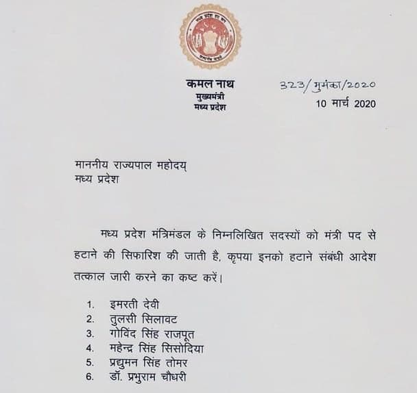 कमलनाथ ने सिंधिया के प्रति आस्था जताने वाले छह मंत्रियों को तत्काल हटाने की सिफारिश की