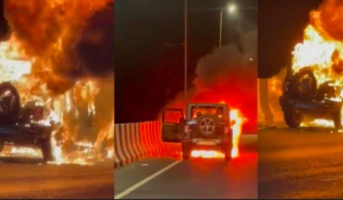 Mahindra Thar ने ड्राइविंग के दौरान पकड़ी आग, मिनटों में जलकर खाक हुई कार
