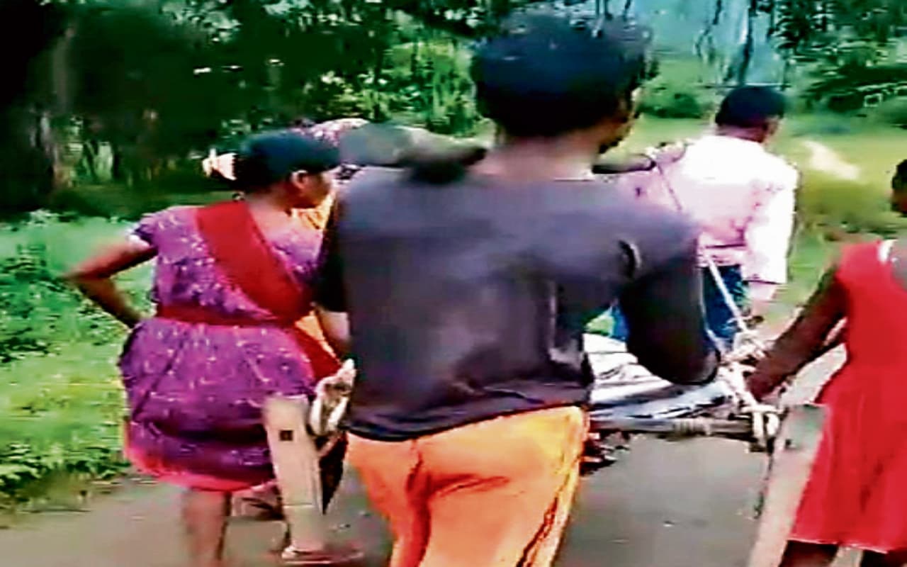 बोकारो : बिरहोर डेरा जाने के लिए नहीं है पक्की सड़क, प्रसव पीड़ा से तड़प रही महिला को खाट पर लेकर चले परिजन