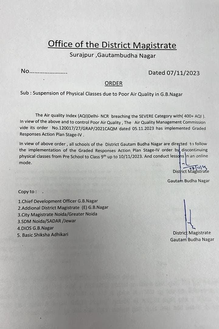 Weather report :  वायु गुणवत्ता खराब होने के कारण नोएडा, ग्रेटर नोएडा के स्कूल 10 नवंबर तक बंद रहेंगे