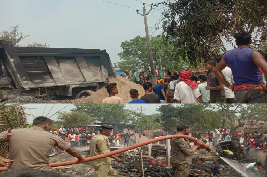 मुजफ्फरपुर में हाइटेंशन तार की चपेट में आया हाइवा, बालू उतारने के दौरान हुआ हादसा, जिंदा जला चालक