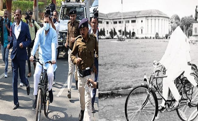 पिता लालू यादव की तरह साइकिल पर सवार होकर विधानसभा पहुंचे तेजस्वी, पेट्रोल-डीजल के बढ़ते दामों का कर रहे विरोध