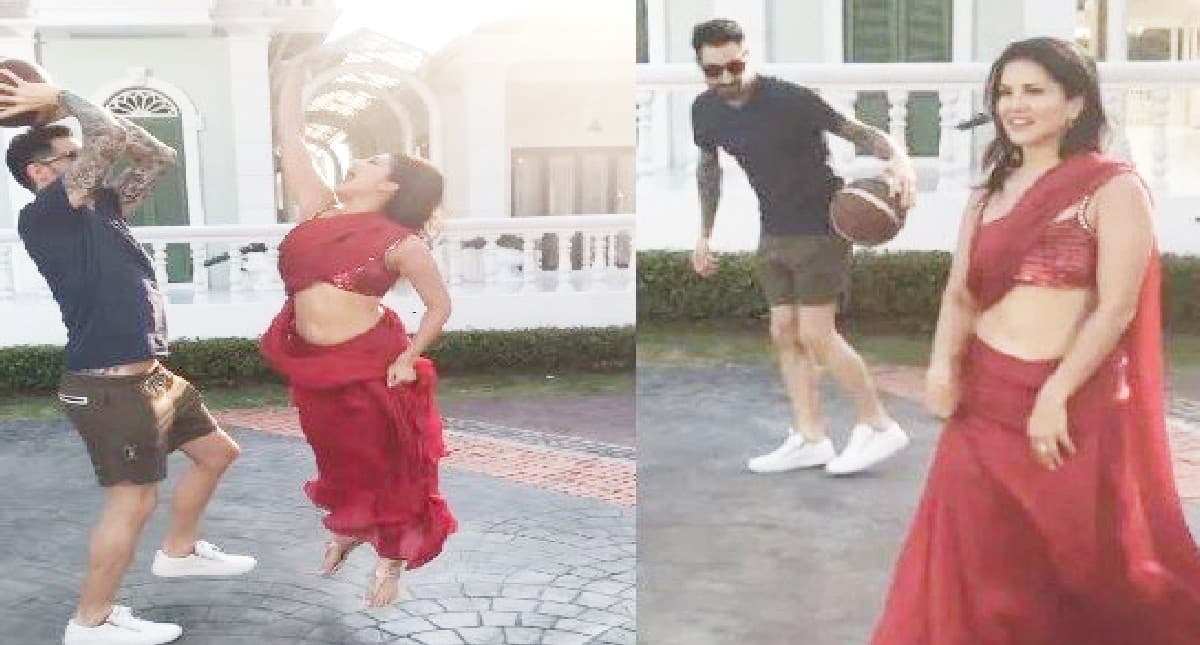 Sunny Leone रेड साड़ी में बास्केटबॉल खेलती आई नजर, पति डेनियल वेबर को खेल में दी कड़ी टक्कर, VIDEO