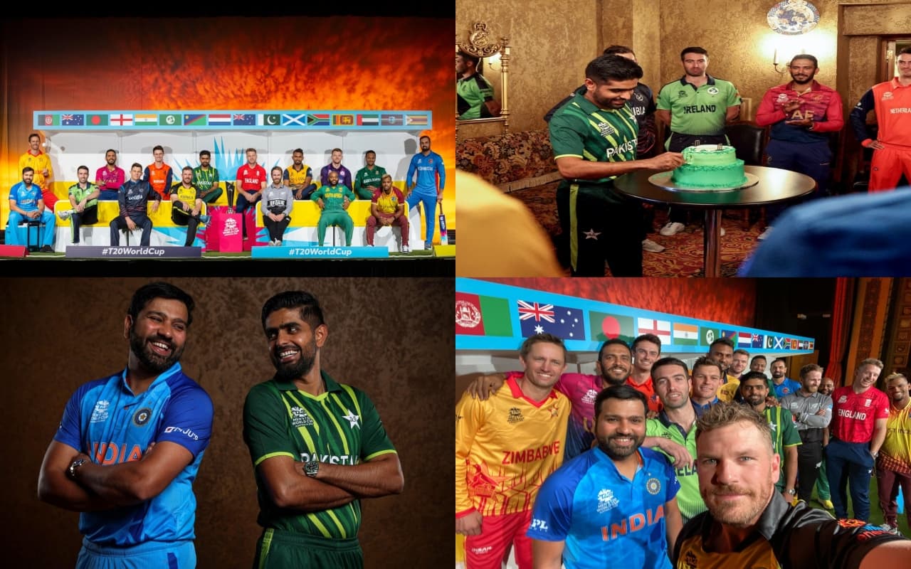 T20 World Cup से पहले कप्तानों की प्रेस कांफ्रेंस, रोहित शर्मा ने दी अपडेट, बाबर ने काटा केक, PHOTOS