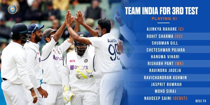 India vs Australia 3rd Test Playing 11 : बीसीसीआई ने जारी की प्लेइंग इलेवन की लिस्ट, नटराजन को फिर नहीं मिली जगह, सैनी करेंगे डेब्यू India vs Australia 3rd Test Playing 11 : बीसीसीआई ने जारी की प्लेइंग इलेवन की लिस्ट, नटराजन को फिर नहीं मिली जगह, सैनी करेंगे डेब्यू