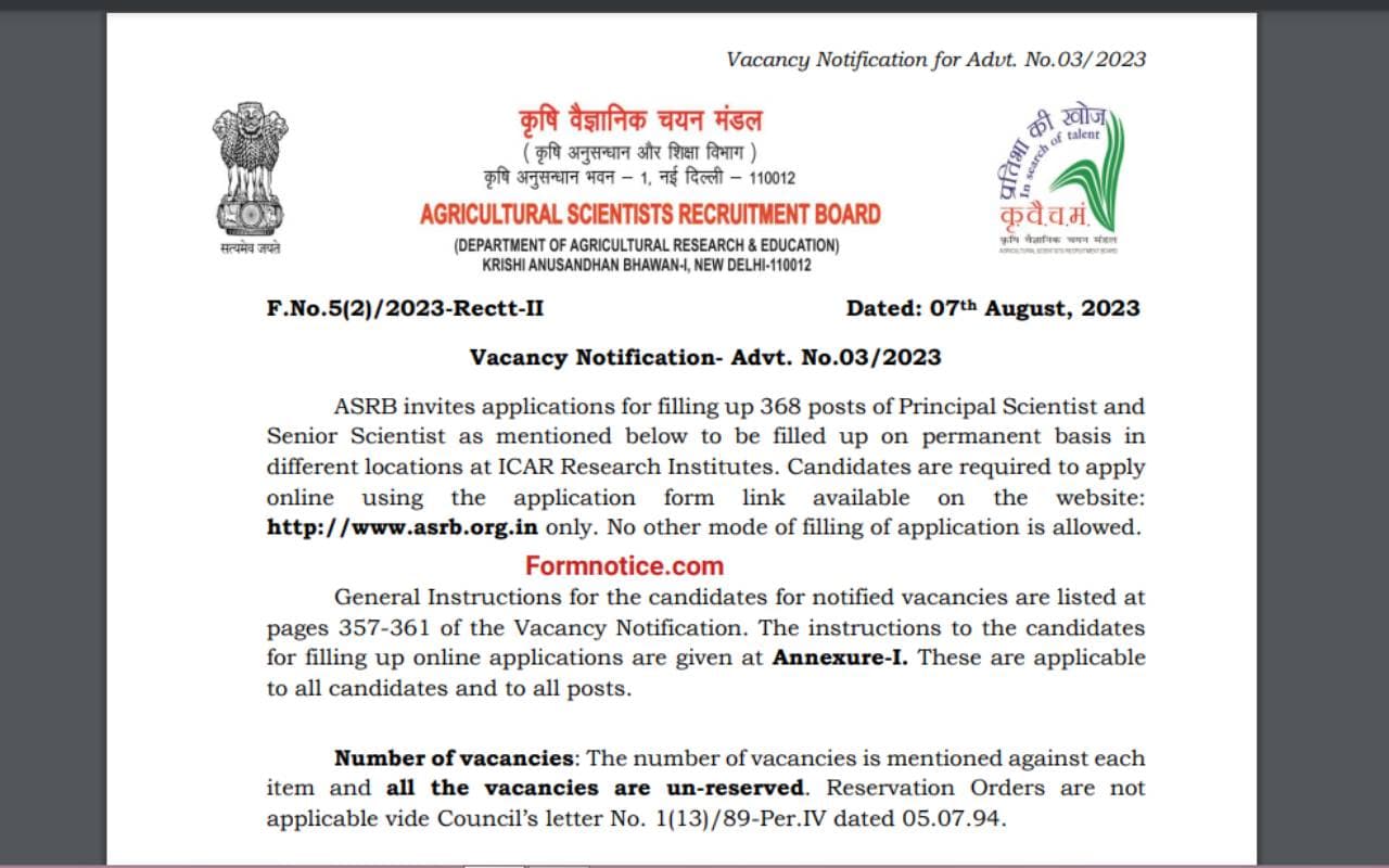 ASRB Recruitment 2023: कृषि वैज्ञानिक भर्ती बोर्ड के 368 पद खाली, इस लिंक से आवेदन