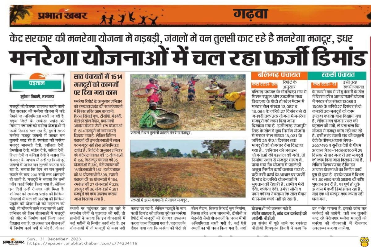 गढ़वा: मनरेगा की 27 योजनाओं में फर्जी डिमांड की पुष्टि, अधिकारियों ने मस्टर रोल जीरो किया