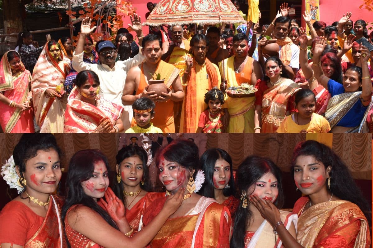 बोकारो में बासंती चैती दुर्गा पूजा महोत्सव पर महिलाओं ने सिंदूर खेल नम आंखों से दी मां दुर्गा को विदाई