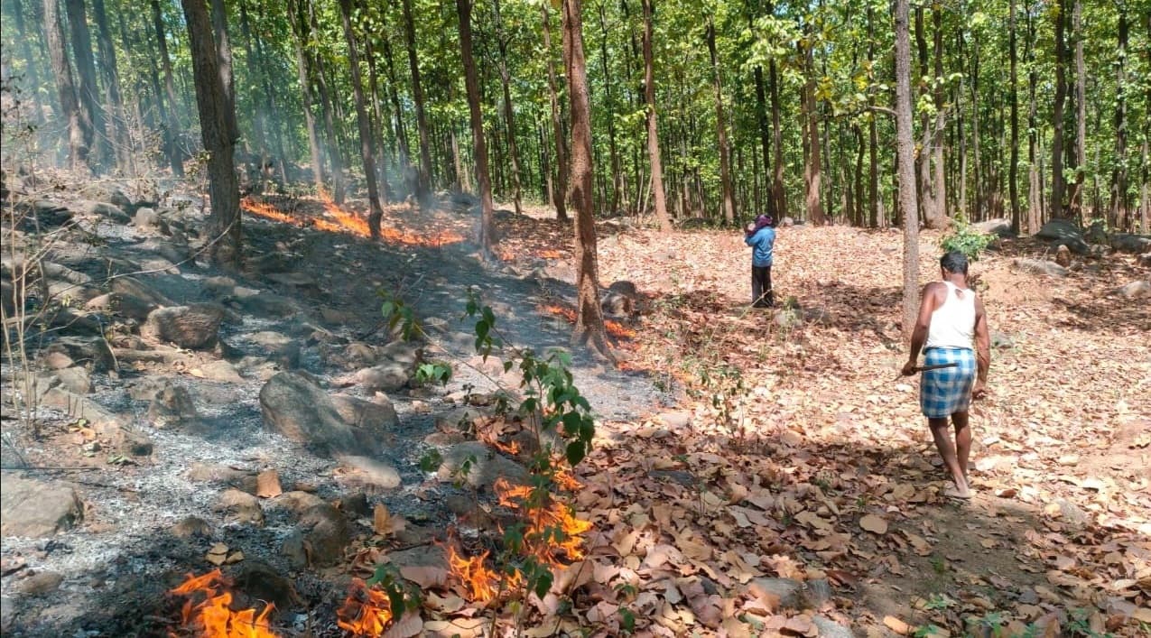 रोरिया जंगल में लगी आग को ग्रामीणों ने बुझाया