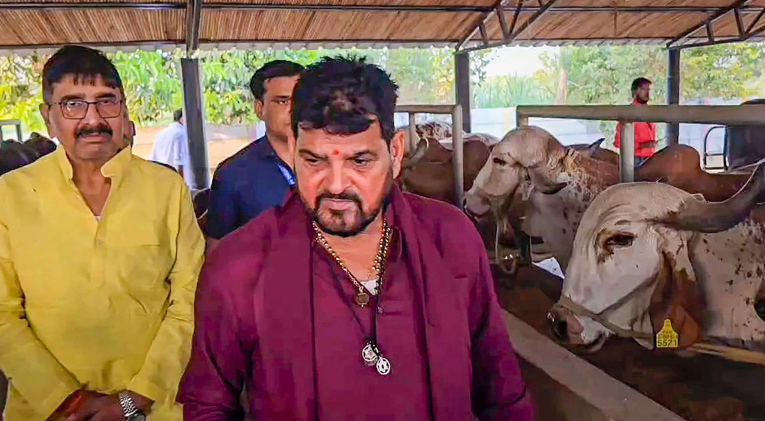 Lok Sabha Election 2024 : 'जय श्री राम' के नारे के साथ बेटे के नामांकन के लिए घर से निकले बृजभूषण शरण सिंह