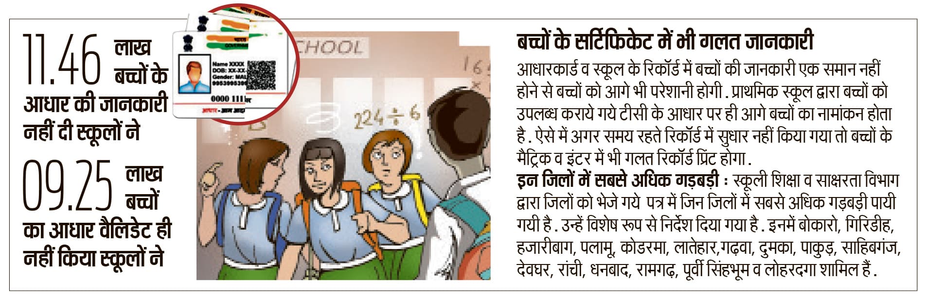 Education News : स्कूल के रिकाॅर्ड से मैच नहीं हो रहे 24 लाख बच्चों के आधार