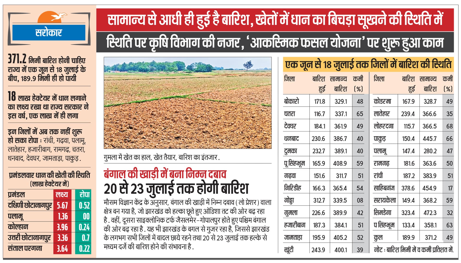 Weather and Agriculture News : राज्य में जुलाई तक 49 प्रतिशत कम बारिश, 11 जिलों में नहीं शुरू हो पायी धान की रोपाई