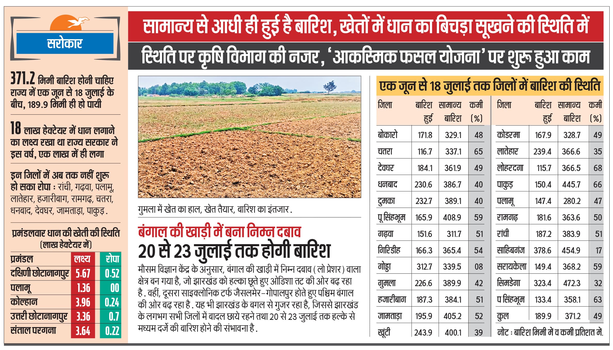 Weather and Agriculture News : राज्य में जुलाई तक 49 प्रतिशत कम बारिश, 11 जिलों में नहीं शुरू हो पायी धान की रोपाई