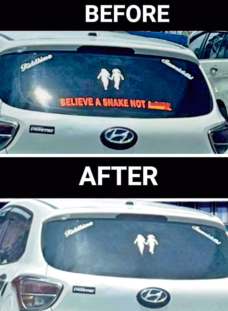 कार पर लड़कियों को लेकर लिखा आपत्तिजनक स्टीकर पुलिस ने हटवाया