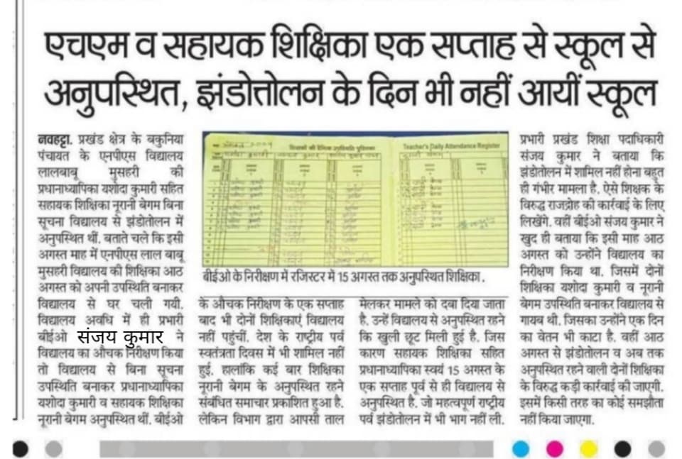 एचएम व सहायक शिक्षिका अनुपस्थिति मामले में बीईओ ने लिया संज्ञान