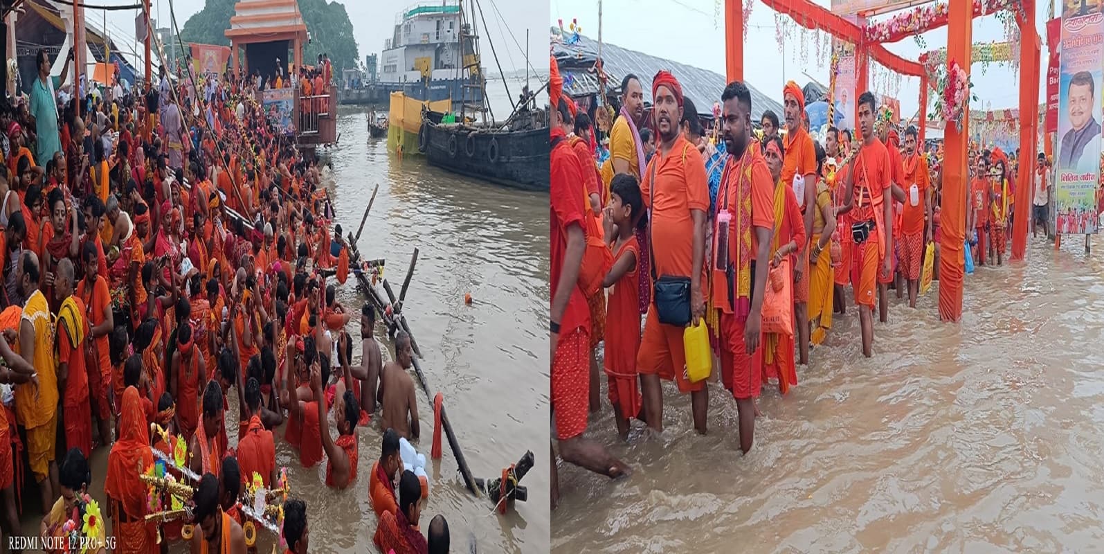 PHOTOS: सुल्तानगंज घाट की 12 सीढ़ी तक चढ़ी गंगा, जर्मन हैंगर भी जलमग्न, कांवरियों की सुविधा हटायी गयी