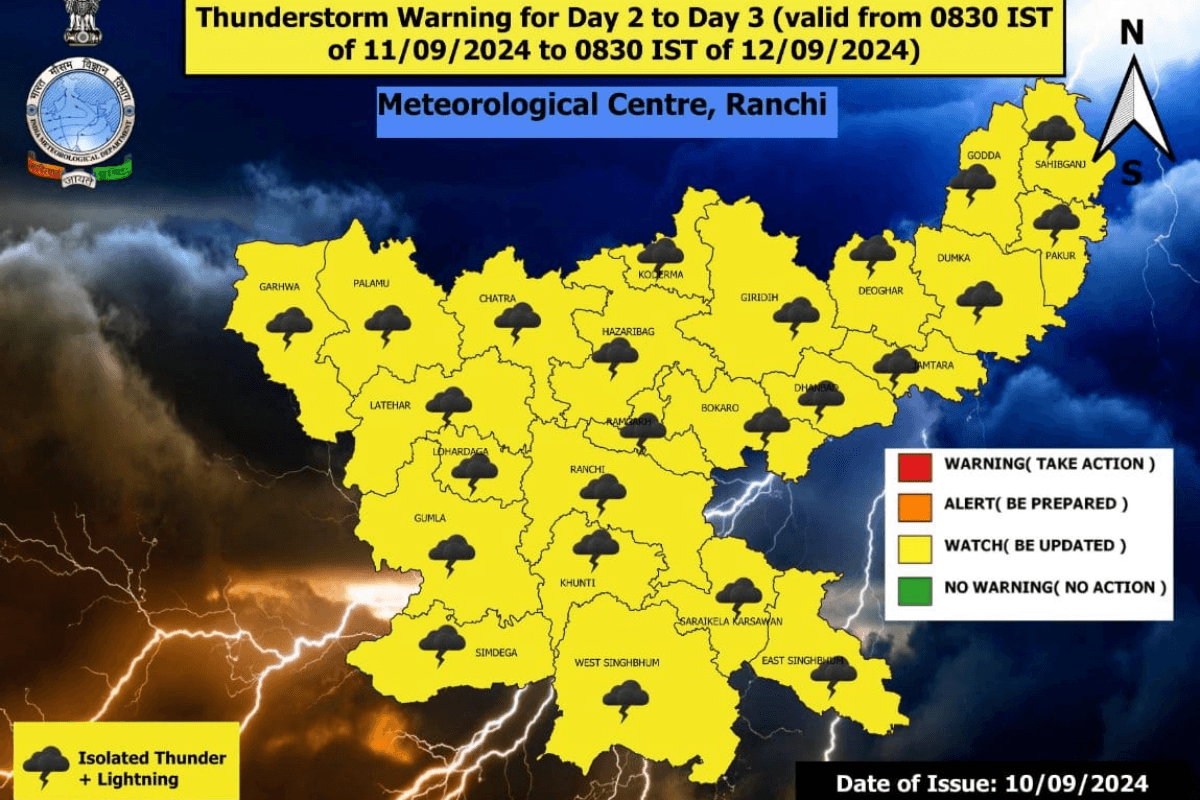 Jharkhand Weather Alert: 11 से 14 सितंबर तक मूसलाधार बारिश, येलो अलर्ट जारी