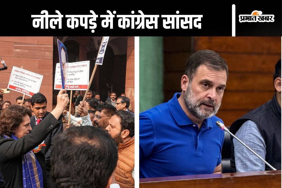 Video : नीला टीशर्ट पहनकर संसद पहुंचे राहुल गांधी, प्रियंका गांधी दिखीं नीली साड़ी में