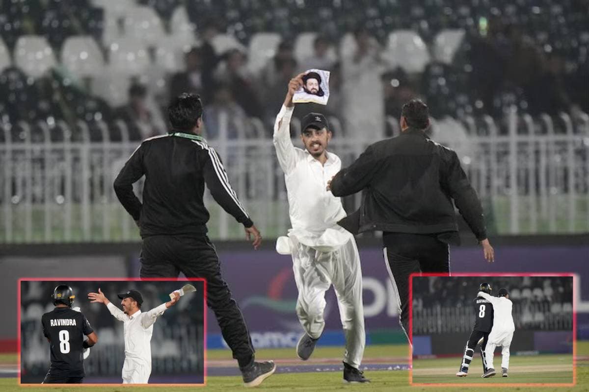 लाहौर में चैंपियंस ट्रॉफी में बड़ी चूक, रचिन रविंद्र को गले लगाने मैदान में घुसा शख्स, प्रतिबंधी नेता की तस्वीर भी लहराई