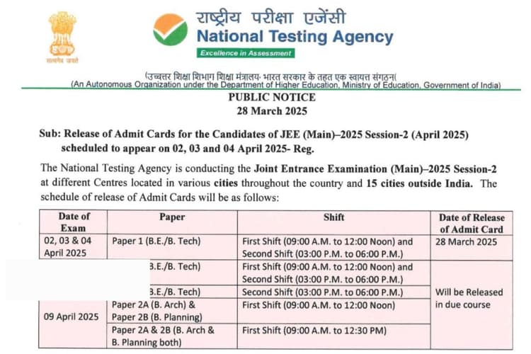 JEE Main 2025 Session 2 Admit Card Out: जेईई मेन सेशन 2 के एडमिट कार्ड जारी, यहां करें डाउनलोड