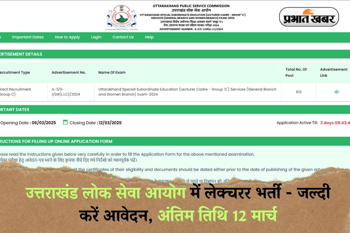 Sarkari Naukri: उत्तराखंड लोक सेवा आयोग में लेक्चरर भर्ती – जल्द करें आवेदन, अंतिम तिथि 12 मार्च
