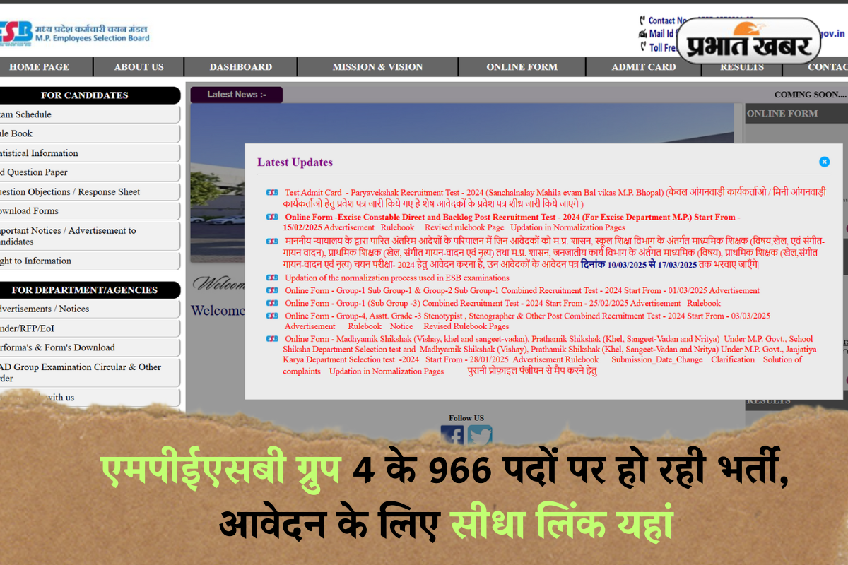 MPESB Group 4 Recruitment 2025: एमपीईएसबी ग्रुप 4 के 966 पदों पर हो रही भर्ती, आवेदन के लिए सीधा लिंक यहां