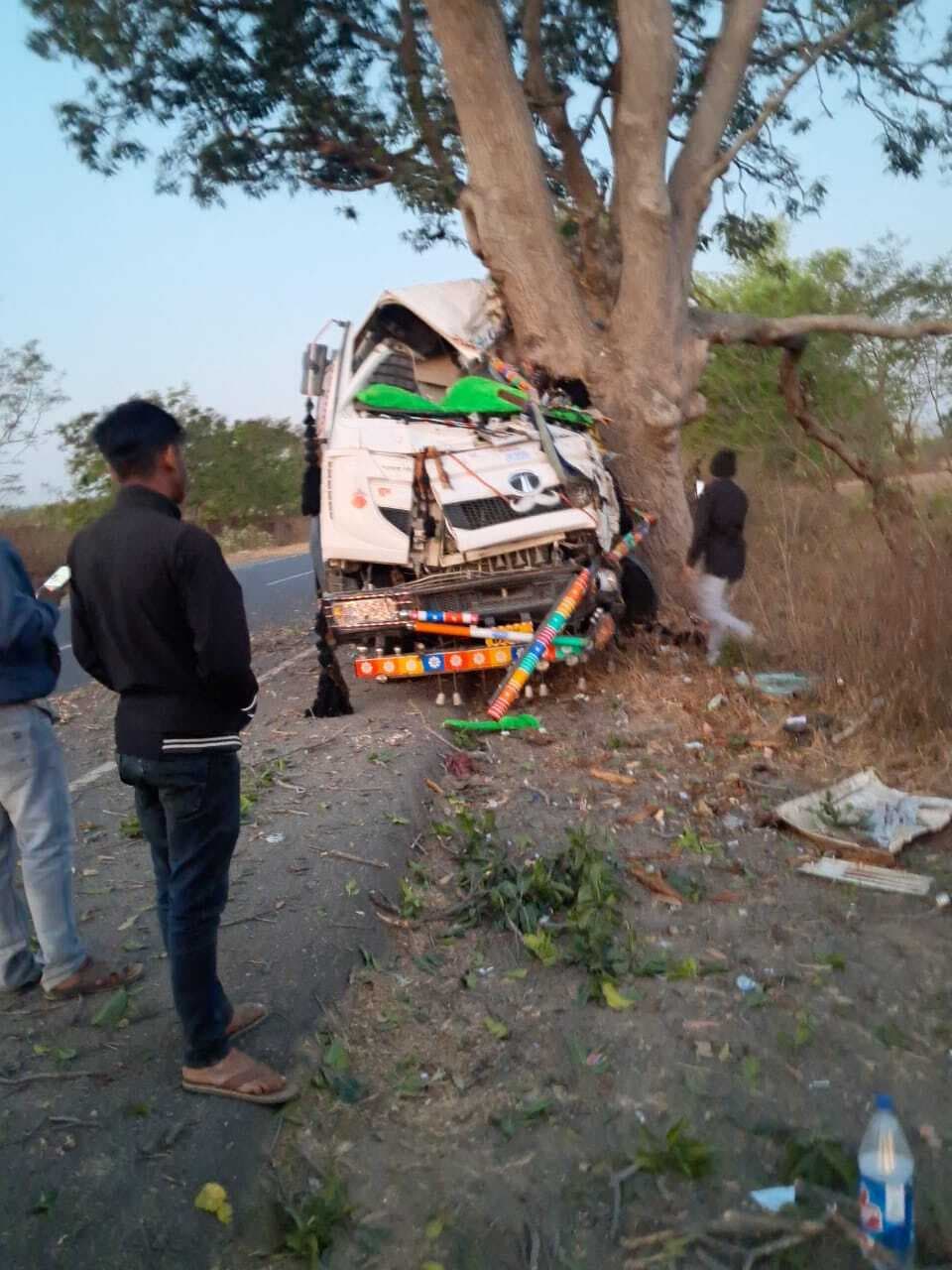 ईंट लदे हाइवा पेड़ से टकराया, चालक व खलासी घायल