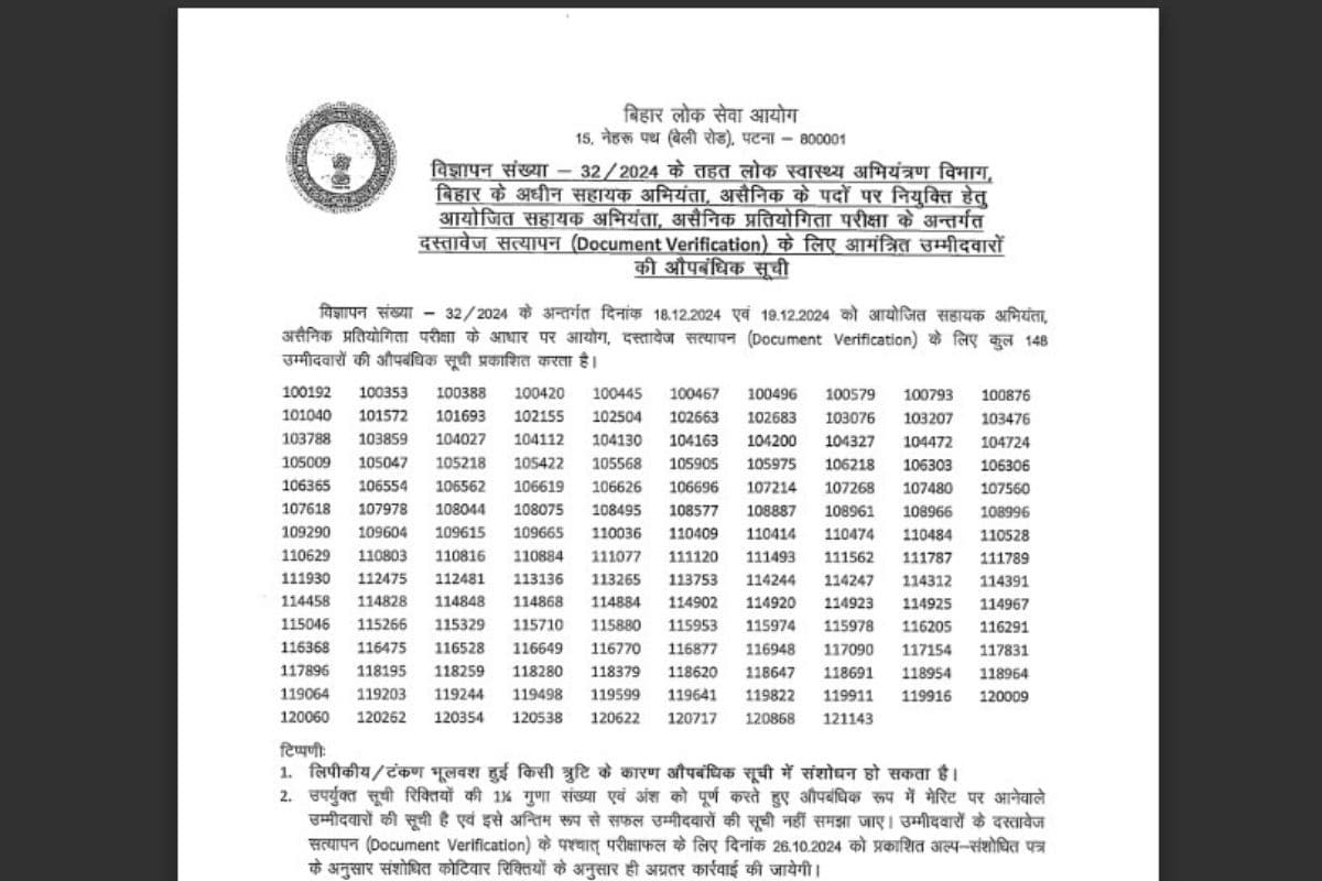BPSC Assistant Engineer: बीपीएससी ने जारी की लिस्ट, असिस्टेंट इंजीनियर एग्जाम में पास होने वालों का होगा DV