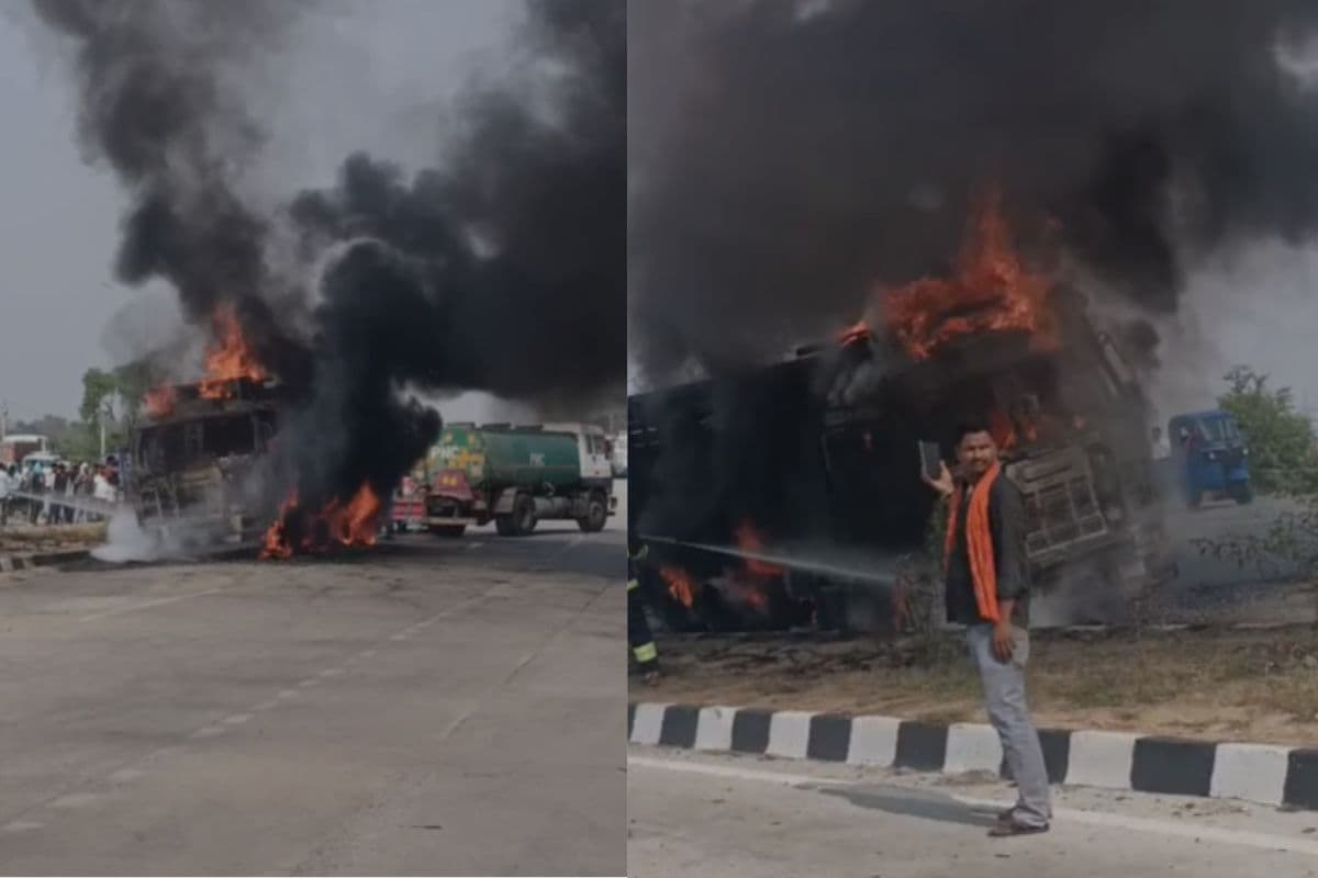 VIDEO: पटना-बक्सर NH पर ट्रक में लगी भीषण आग, मालिक को आया हार्ट अटैक, मंजर देख सहमे लोग