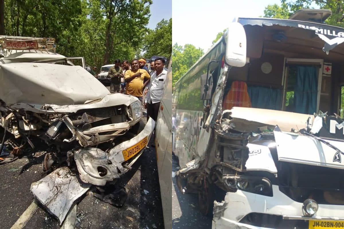 टाटीझरिया में यात्री बस और पिकअप की भीषण टक्कर, पिकअप चालक गंभीर, 8 लोग घायल