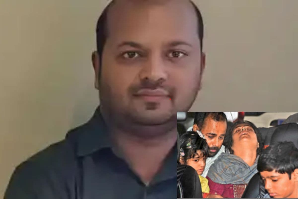 पति मनीष रंजन की फाइल फोटो और तस्वीर के अंदर उनकी बेसुध पड़ी पत्नी अपने बच्चों के साथ