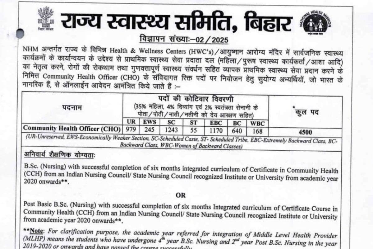Bihar Sarkari Naukri: सरकारी नौकरी का सुनहरा मौका! बिहार हेल्थ डिपार्टमेंट में 4,500 पद पर भर्ती, सैलरी 40 हजार तक