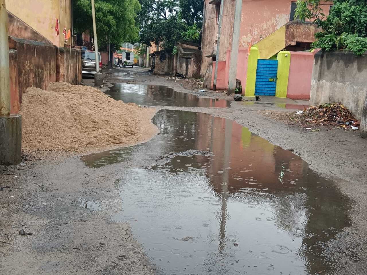 नयी कॉलोनी की सड़क में उभरे गड्ढों में पानी भरने से परेशानी