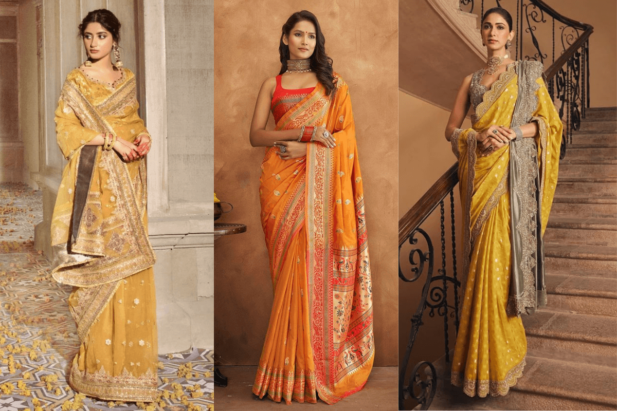 Yellow Banarasi Saree with silk fabric for Vat Savitri Vrat look
