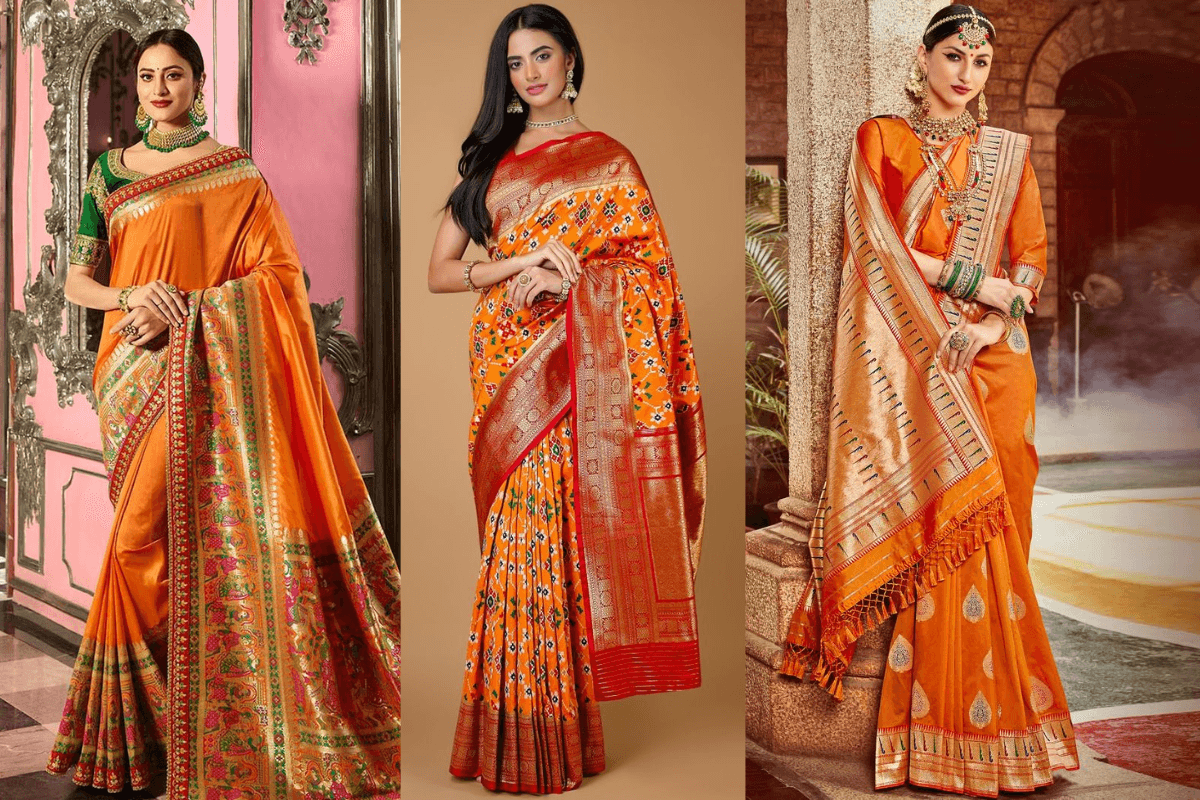 Traditional orange Banarasi Saree for Vat Savitri celebration