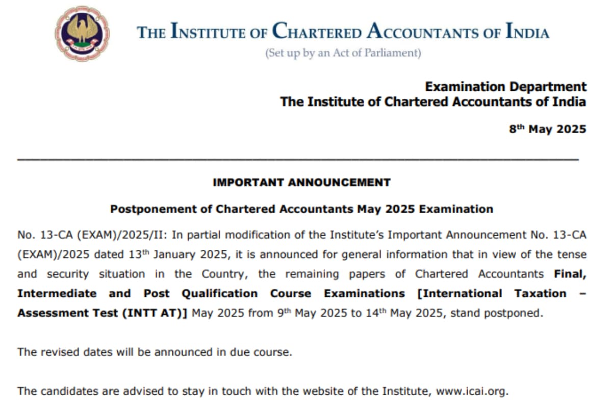 ICAI CA Exam Postponed: भारत-पाक तनाव के कारण सीए परीक्षा स्थगित, यहां देखें ऑफिशियल नोटिस