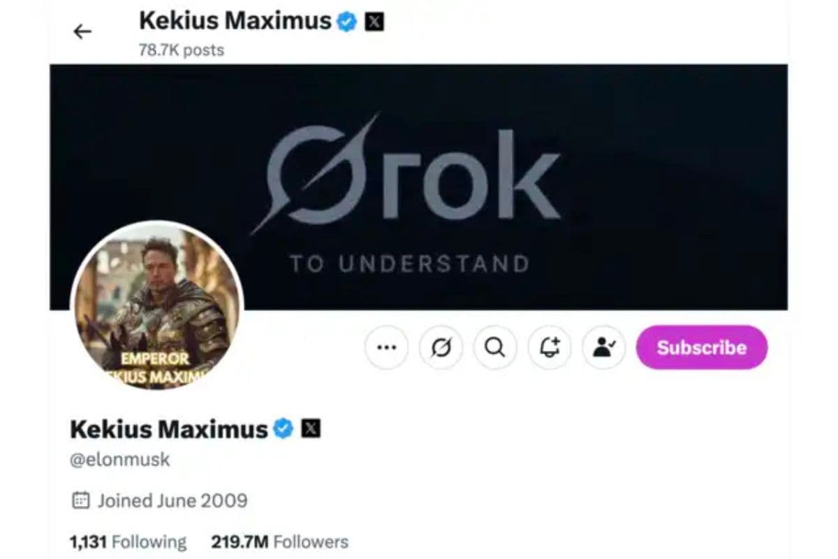 Elon Musk ने X पर फिर बदला अपना नाम, रखा ‘Kekius Maximus’, जानें क्या है इसका मतलब Elon Musk ने X पर फिर बदला अपना नाम, रखा ‘Kekius Maximus’, जानें क्या है इसका मतलब