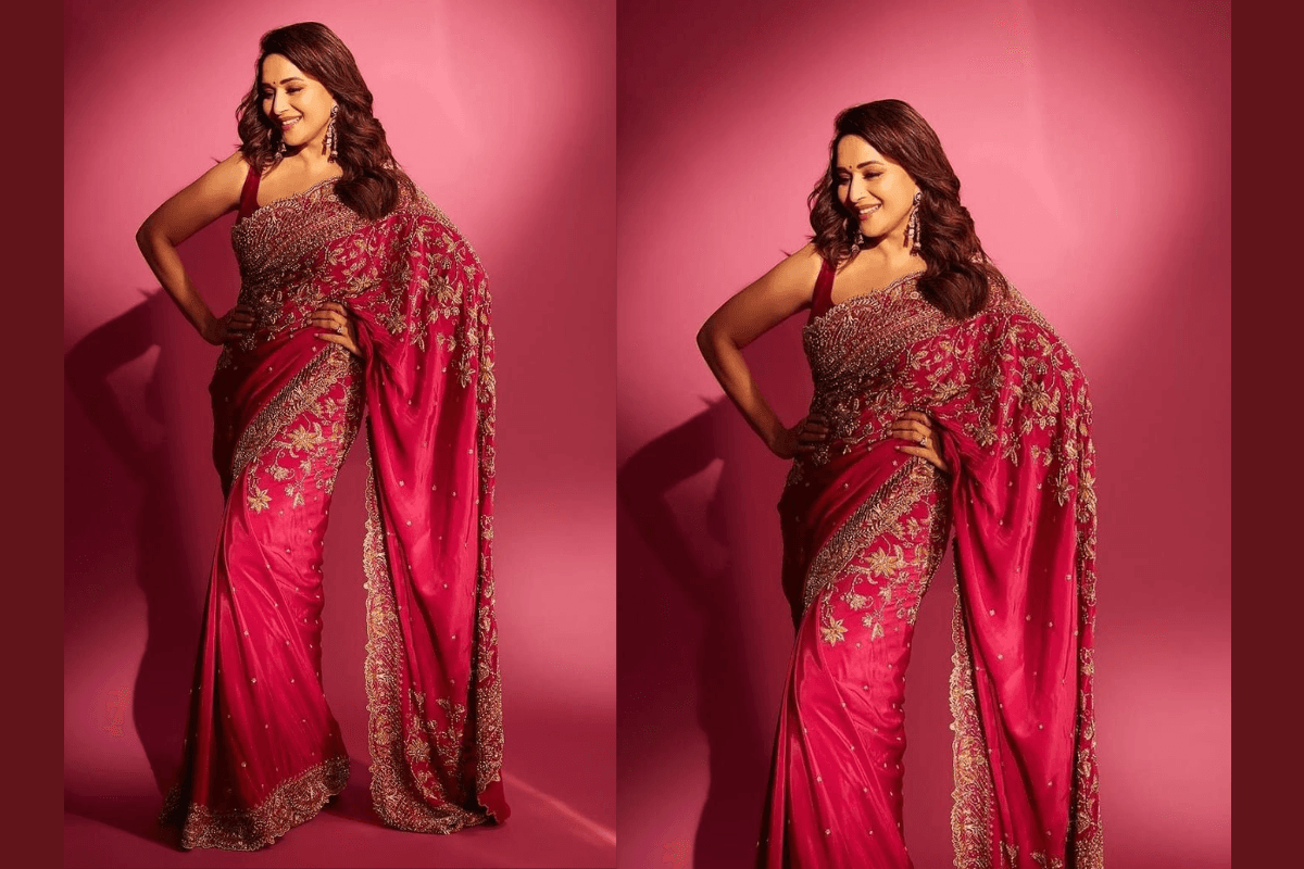 Madhuri Dixit Embroidered Pink Saree Look