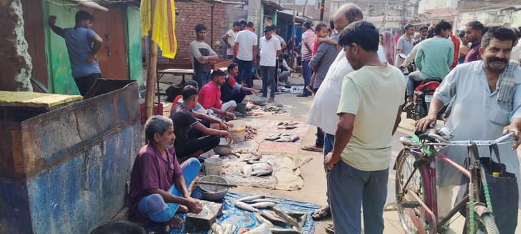 सड़क पर लग रही मछली की दुकानें, आवागमन में परेशानी