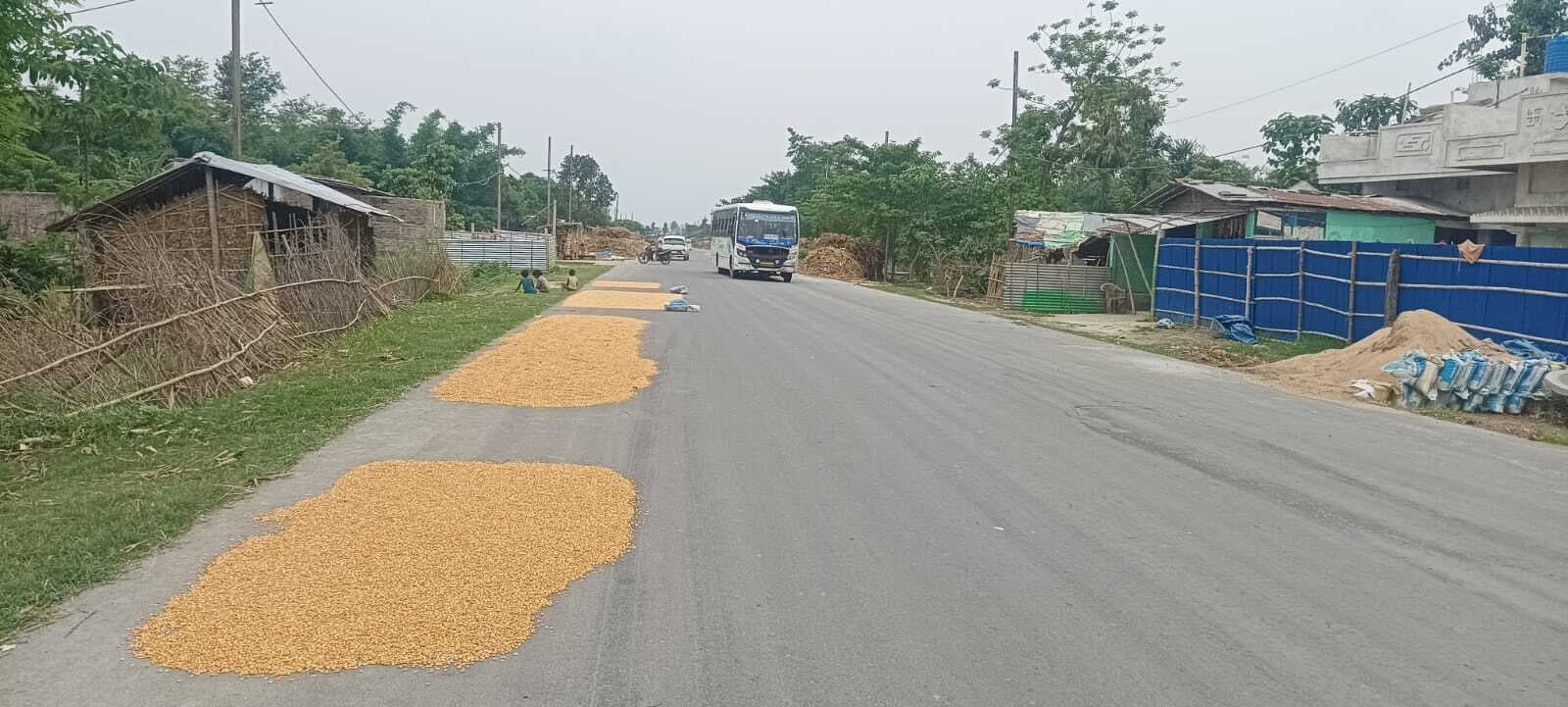 सड़कों पर सुखाये जा रहे मक्के, वाहन चालकों की बढ़ी परेशानी