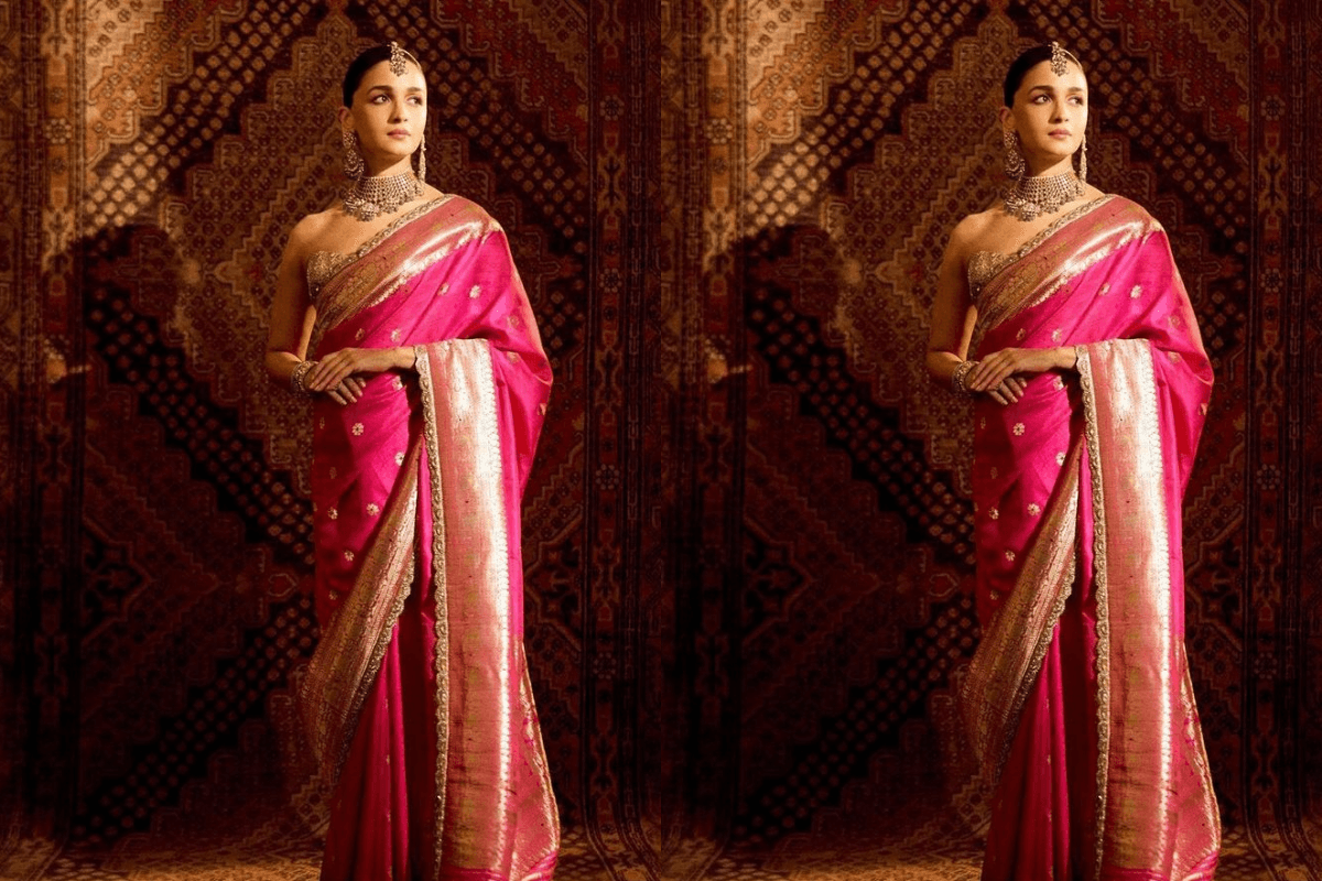 Pink Banarasi Saree with rich design for Vat Savitri puja outfit

